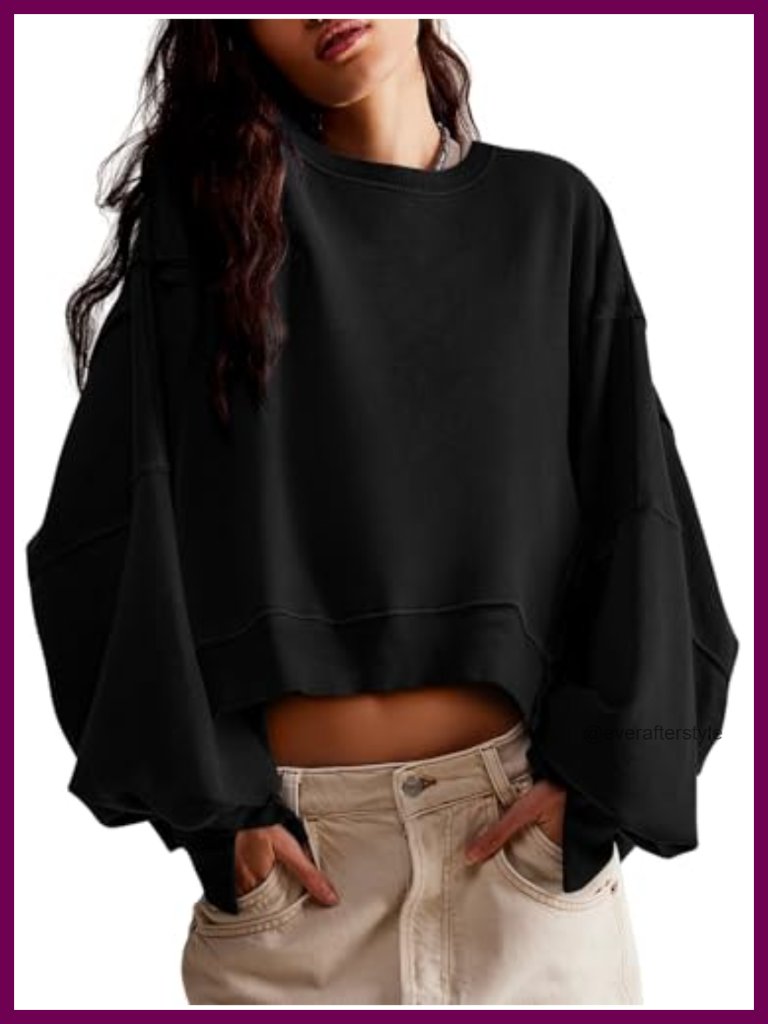 Women's Casual Crop Sweatshirt Loose Fit Pullover Long Sleeve Crew Neck